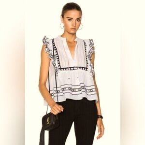 SEA NEW YORK White and Navy Ruffled Embroidered Tassel Sleeveless summer Top XS